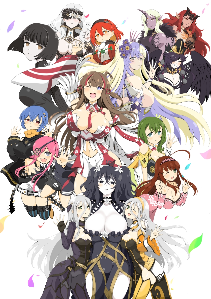 +_+ 6+girls absurdres ahoge ajikeneko amagi_sealing_congregation_school_uniform amane_(senran_kagura) armor bird_girl bird_wings black_eyes black_feathers black_hair black_loincloth black_pantyhose blindfold blonde_hair blue_eyes blue_hair bob_cut breast_curtains breasts brown_eyes brown_hair chinese_knot claws cleavage closed_eyes closed_mouth colored_inner_hair colored_skin demon_girl detached_collar detached_sleeves dress earrings eyepatch falling_petals feathers fingerless_gloves flat_chest flower flower-shaped_pupils flower_eyepatch flower_over_eyes frontless_outfit fubuki_(senran_kagura) gekkou_(senran_kagura) gloves green_eyes green_hair grey_hair hair_flower hair_ornament hair_over_eyes hair_rings hairband hairpin highres hiyori_(senran_kagura) huge_breasts japanese_armor japanese_clothes jewelry kazakiri_(senran_kagura) kimono kureha_(senran_kagura) large_breasts leaf_print lily_(flower) long_hair looking_at_viewer midair mismatched_earrings multicolored_hair multiple_girls multiple_hairpins navel neck_tassel one_eye_closed orange_eyes orange_hair pale_skin pantyhose petals pink_dress pink_hair pink_hairband pink_pupils pointy_ears print_hairband purple_skin rasetsu_(senran_kagura) red_eyes red_hair red_skin red_streaks revealing_clothes ribbon-trimmed_kimono ribbon_trim school_uniform senkou_(senran_kagura) senran_kagura senran_kagura_new_link shin_(senran_kagura) short_hair shura_(senran_kagura) side_ponytail sideboob smile streaked_hair symbol-shaped_pupils tamayura_(senran_kagura) tassel tearing_up third_eye toki_(senran_kagura) two-tone_hair two-tone_kimono two_side_up ui_(senran_kagura) waving wavy_hair white_flower white_hair white_lily winged_arms wings yasha_(senran_kagura) yellow_hairband