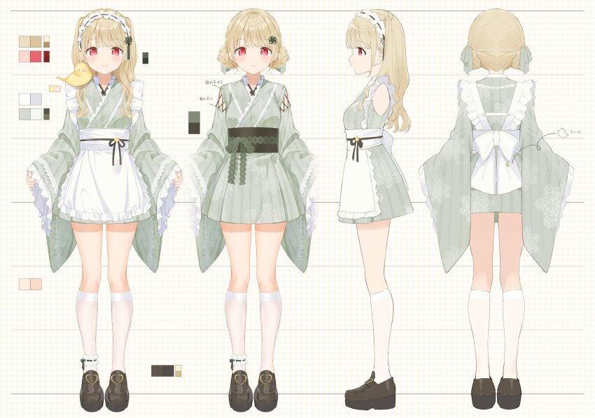 1girl absurdres animal animal_on_shoulder apron back_bow bird bird_on_shoulder blonde_hair blue_socks bow clothing_cutout double_bun frilled_apron frilled_kimono frills full_body green_kimono green_ribbon hair_bun hair_ribbon highres japanese_clothes kimono kinako_(shiratama_mochi) kogara_toto loafers long_hair lupinus_virtual_games maid obi official_art panchang_knot red_eyes ribbon ribbon-trimmed_headwear ribbon_trim sash second-party_source shoes short_kimono shoulder_cutout single_ankle_cuff socks solo variations virtual_youtuber vspo! wa_maid white_apron white_socks wide_sleeves yellow_bird