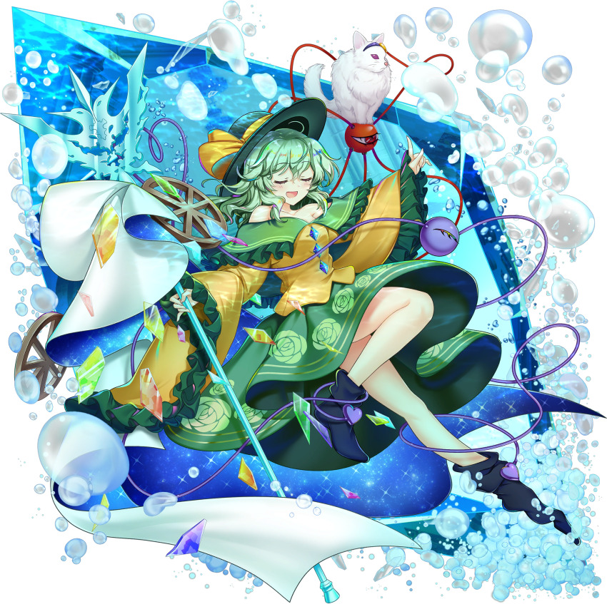 1girl adapted_costume animalization black_socks blush bow breasts bubble buttons cat closed_eyes crystal diamond_button dress eyeball floral_print frilled_sleeves frills full_body game_cg green_eyes green_hair green_hat green_skirt hat hat_bow heart heart_of_string highres holding holding_staff komeiji_koishi komeiji_koishi_(moon_reverie) komeiji_satori komeiji_satori_(cat) leg_up long_hair long_sleeves off-shoulder_dress off_shoulder official_art open_mouth print_skirt rose_print rotte_(1109) shirt skirt smile socks solo staff third-party_source third_eye touhou touhou_lostword transparent_background white_cat wide_sleeves yellow_shirt