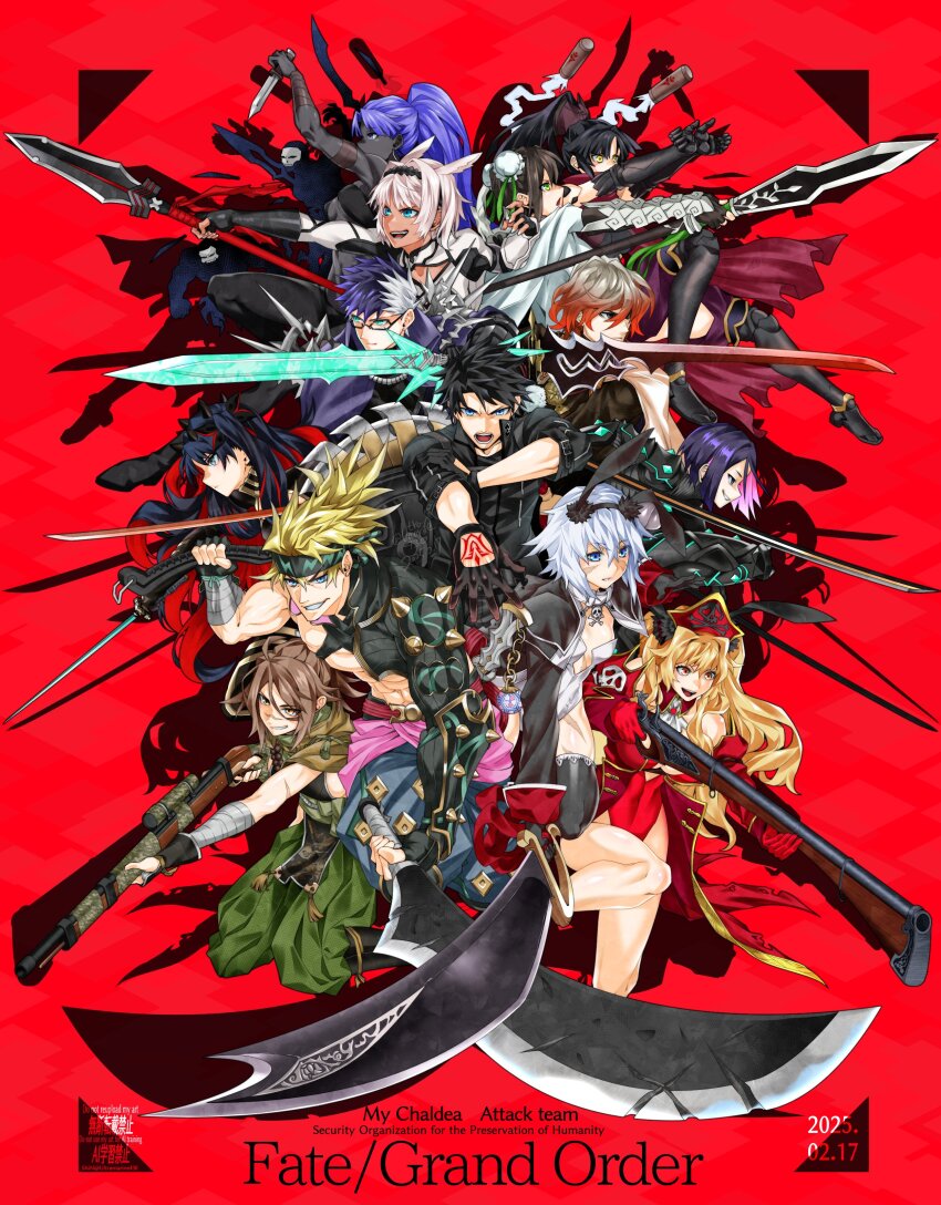 4boys 6+girls absurdres ahoge android animal_ears anne_bonny_(fate) anne_bonny_(fate/grand_order) anne_bonny_(swimsuit_archer)_(fate) anne_bonny_(swimsuit_archer)_(third_ascension)_(fate) arm_guards armor assassin_(fate/zero) asymmetrical_dual_wielding axe bandaged_arm bandages bare_pectorals bare_shoulders black_armor black_bodysuit black_eyes black_gloves black_hair black_jacket blonde_hair blue_eyes bodysuit breasts brown_eyes brown_hair bun_cover caenis_(fate) cape chaldea_logo chest_harness chinese_clothes cleavage collar colored_skin command_spell cutlass dark-skinned_female dark_skin double_bun dual_wielding earrings everyone fate/grand_order fate_(series) female_assassin_(fate/zero) fingerless_gloves fujimaru_ritsuka_(male) fujimaru_ritsuka_(male)_(polar_chaldea_uniform) glasses gloves golden_eater gradient_hair gram_(fate) green_eyes green_pants green_ribbon green_scarf grey_hair gun hair_bun hair_intakes hairband hakama hakama_pants harness hat headband high_ponytail highres hip_vent holding holding_weapon igote ishtar_(fate) jacket japanese_armor japanese_clothes jewelry joints katana katou_danzou_(fate) kishimen_hair large_breasts leotard long_hair mary_read_(fate) mary_read_(fate/grand_order) mary_read_(swimsuit_archer)_(fate) mary_read_(swimsuit_archer)_(third_ascension)_(fate) mask mechanical_arms medium_breasts metal_collar missile multicolored_hair multiple_boys multiple_girls muscular muscular_male musket obi official_alternate_costume onikiri_yasutsuna_(fate) open_mouth over_shoulder pants parted_bangs pectorals pirate pirate_hat playboy_bunny polearm ponytail purple_cape purple_eyes purple_hair qin_liangyu_(fate) rabbit_ears red_eyes red_hair red_scarf ribbon robot_joints sakata_kintoki_(fate) sakata_kintoki_(heian_warrior_attire)_(fate) sash scar scar_on_arm scar_on_face scar_on_nose scarf shin_(ultramarine430) short_hair shoulder_spikes sideboob sideless_outfit sigurd_(fate) single_bare_shoulder skull_and_crossbones skull_collar skull_mask small_breasts smile space_ishtar_(fate) space_ishtar_(first_ascension)_(fate) spear spiked_hair spikes sugitani_zenjubou_(fate) sugitani_zenjubou_(third_ascension)_(fate) sword two-tone_hair two_side_up ushi_gozen_(avenger)_(fate) ushi_gozen_(fate) very_dark_skin very_long_hair watanabe_no_tsuna_(fate) weapon weapon_over_shoulder white_bodysuit white_cape white_hair wrist_wrap yellow_eyes