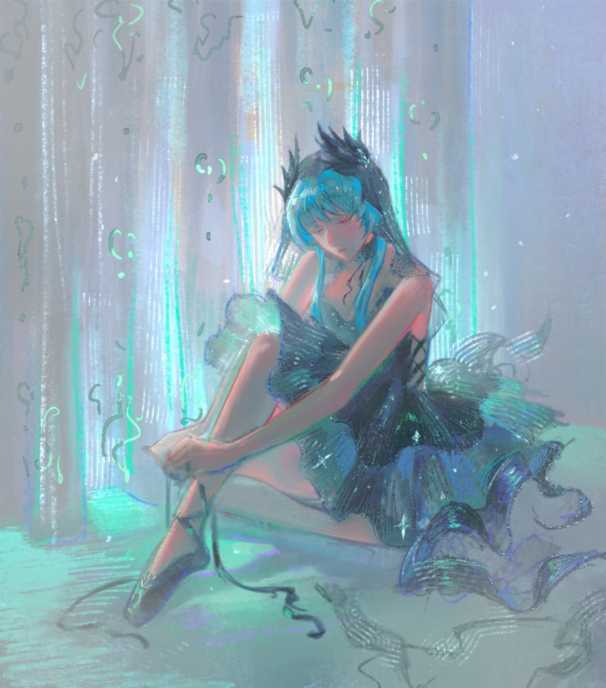 1girl ballet_slippers black_choker black_dress black_slippers blue_hair chinese_commentary choker closed_eyes closed_mouth commentary_request dress full_body hamel_(path_to_nowhere) highres long_hair path_to_nowhere short_dress sidelocks sitting sleeveless sleeveless_dress slippers solo tying_footwear veil xxyt-xx