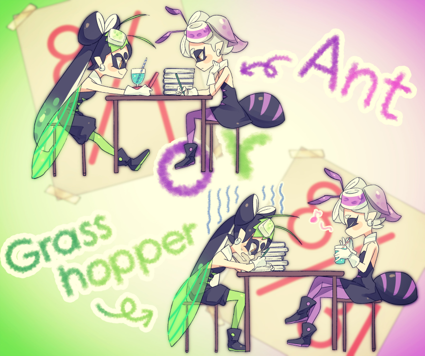 2girls ant antennae black_dress black_hair blush_stickers boots bug calendar_(object) callie_(splatoon) callie_(squid_sisters_outfit)_(splatoon) chair closed_eyes cosplay crossed_legs detached_collar dress drink drinking drinking_straw earrings english_text food food_on_head from_side glass grasshopper green_legwear handheld_game_console highres holding inkling insect jewelry long_hair marie_(splatoon) marie_(squid_sisters_outfit)_(splatoon) multiple_girls musical_note nintendo object_on_head pantyhose pencil playing_games puchiman purple_legwear quaver reading short_hair short_jumpsuit sitting smile splatoon_(series) splatoon_1 strapless strapless_dress studying sweatdrop table tearing_up wings