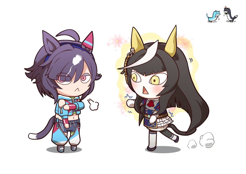 2girls :&lt; ^^^ ahoge almond_eyes alternate_tail animal_ears ascot believe_(umamusume) black_hair black_pantyhose black_shorts blunt_bangs blunt_ends calstone_light_o_(umamusume) cat cat_tail chaps chibi commentary cropped_jacket detached_sleeves dust_cloud ear_covers ear_ornament gym_shorts hair_over_one_eye highres hood hooded_jacket horse_ears jacket long_hair long_sleeves midriff morinokino1 motion_lines multicolored_hair multiple_girls navel nyaaaanvy pakatube pantyhose pink_eyes red_ascot short_hair shorts single_ear_cover skirt sleeveless sleeveless_jacket tail two-tone_hair umamusume visible_air white_hair white_skirt yellow_eyes