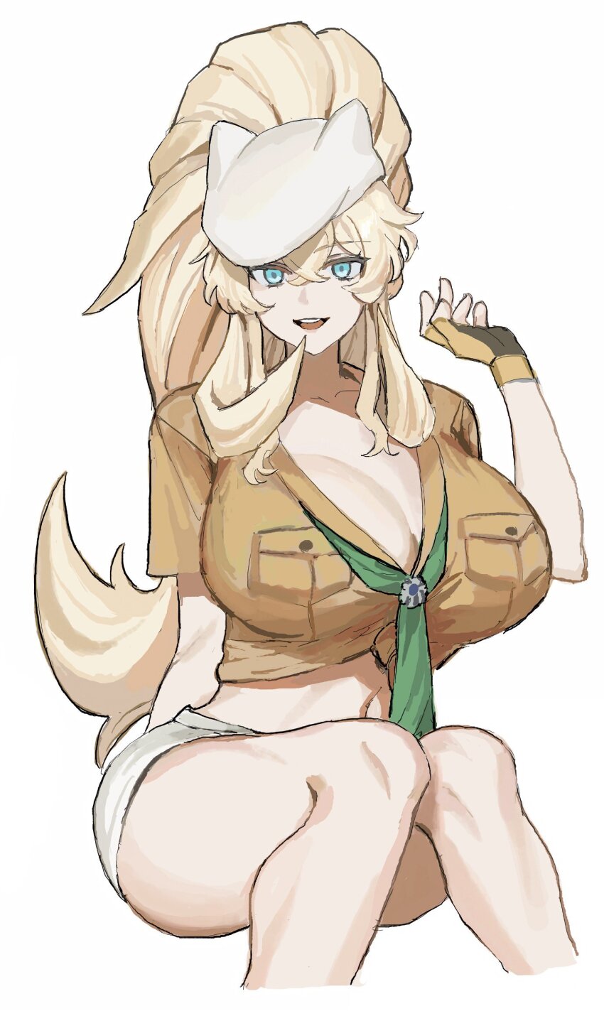 1girl 42u16 barghest_(fate) barghest_(swimsuit_archer)_(fate) barghest_(swimsuit_archer)_(first_ascension)_(fate) blonde_hair blue_eyes breast_pocket breasts cleavage commentary_request crop_top crossed_bangs fate/grand_order fate_(series) fingerless_gloves gloves green_neckerchief hat highres huge_breasts long_hair looking_at_viewer neckerchief open_mouth orange_shirt pocket ponytail shirt short_shorts short_sleeves shorts simple_background sitting solo white_background white_hat