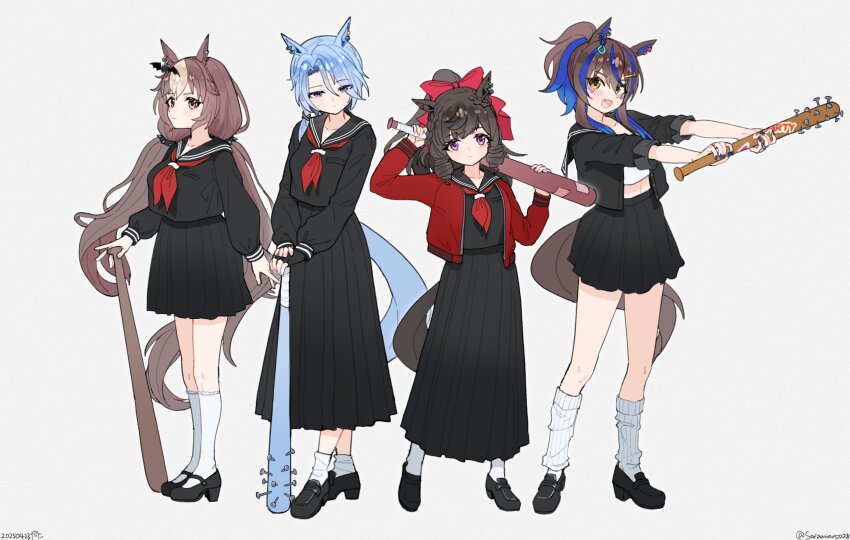 4girls absurdres animal_ears baseball_bat black_sailor_collar black_serafuku black_shirt black_shoes black_skirt blue_hair blue_nails blush bow brown_eyes brown_hair closed_mouth daiichi_ruby_(umamusume) daitaku_helios_(umamusume) dated earrings fang fingerless_gloves fingernails full_body gloves hair_bow highres horse_ears horse_girl horse_tail jewelry k.s.miracle_(umamusume) long_hair long_skirt midriff multicolored_hair multiple_girls nail_(hardware) nail_bat neckerchief open_mouth purple_eyes red_bow red_neckerchief sailor_collar saramiao-chan school_uniform serafuku shirt shoes short_hair skirt socks standing streaked_hair tail twitter_username umamusume white_socks yamanin_zephyr_(umamusume)