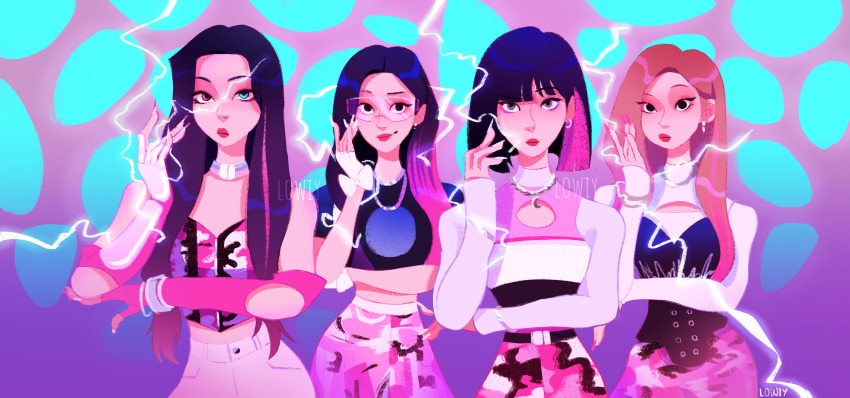 4girls absurdres aespa artist_name black_hair bob_cut bracelet brown_hair closed_mouth earrings electricity fingerless_gloves giselle_(aespa) glasses gloves heterochromia highres jewelry k-pop karina_(aespa) long_hair long_sleeves looking_at_viewer lowiy multiple_girls necklace ningning_(aespa) pants pink_hair pink_nails short_sleeves smile turtleneck upper_body white_nails white_pants winter_(aespa)