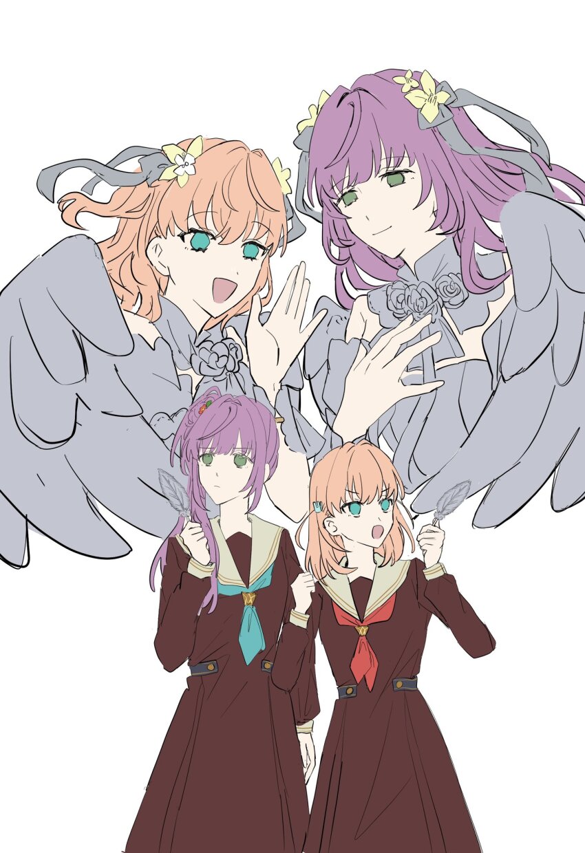 4girls :d angel angel_wings aqua_eyes aqua_neckerchief bare_shoulders brown_dress clenched_hand closed_mouth commentary_request dress dual_persona ether_aria_(love_live!) expressionless feathered_wings feathers flower green_eyes grey_dress hair_bun hair_flower hair_intakes hair_ornament hasu_no_sora_school_uniform highres hinoshita_kaho holding holding_feather link!_like!_love_live! long_hair long_sleeves love_live! multiple_girls neckerchief open_mouth orange_hair otomune_kozue pleated_dress red_flower red_neckerchief sailor_collar sailor_dress school_uniform side_ponytail simple_background single_side_bun smile strapless strapless_dress two_side_up unfinished v-shaped_eyebrows virtual_youtuber white_background white_sailor_collar wings winter_uniform yellow_flower zuisetsu