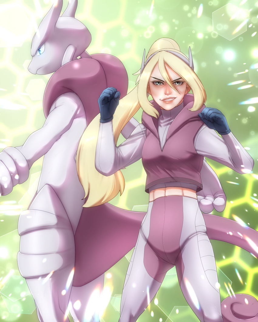 1girl abs absurdres blue_eyes gen_1_pokemon green_background highres korrina_(pokemon) legendary_pokemon long_sleeves mega_mewtwo_y mega_pokemon mewtwo midriff navel nintendo pants pokemon pokemon_xy ponytail purple_pants purple_track_suit solo tmwolf93