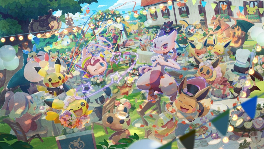 &gt;_&lt; 1girl :3 :d ;d alolan_form alolan_vulpix artist_request audino barrel baseball_cap black_hat blonde_hair blush blush_stickers breath_weapon breathing_fire chair charizard chef_hat closed_eyes closed_mouth clothed_pokemon commentary confetti dress eevee eevee_(fancy_dress) eevee_(fancy_tux) english_commentary fire flame-tipped_tail flareon floating food game_freak gazebo gen_1_pokemon gen_2_pokemon gen_3_pokemon gen_4_pokemon gen_5_pokemon gen_6_pokemon gen_7_pokemon gen_8_pokemon glasses glowing hat highres hisuian_zorua holding holding_party_popper jirachi jolteon leah_(pokemon) legendary_pokemon long_hair lucario lucario_(chef&#039;s_whites) mew_(camping) mew_(pokemon) mewtwo minun mythical_pokemon nintendo official_art one_eye_closed open_mouth outdoors pancham party_popper pichu pikachu pikachu_(fancy_dress) pikachu_(fancy_tux) plusle pokemon pokemon_(creature) pokemon_cafe_remix ponytail purple_eyes red-framed_eyewear red_dress red_hat scraggy second-party_source sitting slowpoke smile snorlax sobble squirtle star_(symbol) streamers table tablecloth teddiursa tongue tongue_out top_hat vaporeon vulpix whimsicott white_hat wooden_chair yamper zorua