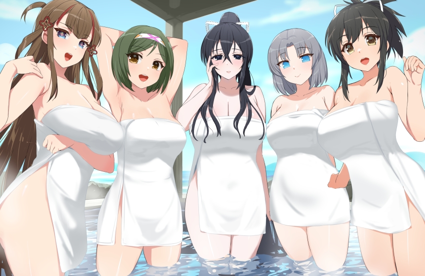 5girls :d absurdres arm_under_breasts armpits arms_up asuka_(senran_kagura) black_eyes black_hair blue_eyes blue_sky breasts brown_eyes brown_hair closed_mouth cloud collarbone fubuki_(senran_kagura) green_hair grey_hair hair_ribbon hand_up highres kusaka_souji large_breasts long_hair looking_at_viewer mai_(senran_kagura) multiple_girls naked_towel one_side_up onsen open_mouth parted_bangs ponytail ribbon senran_kagura short_hair sky smile standing teeth toki_(senran_kagura) tongue towel upper_teeth_only wading white_ribbon yumi_(senran_kagura)