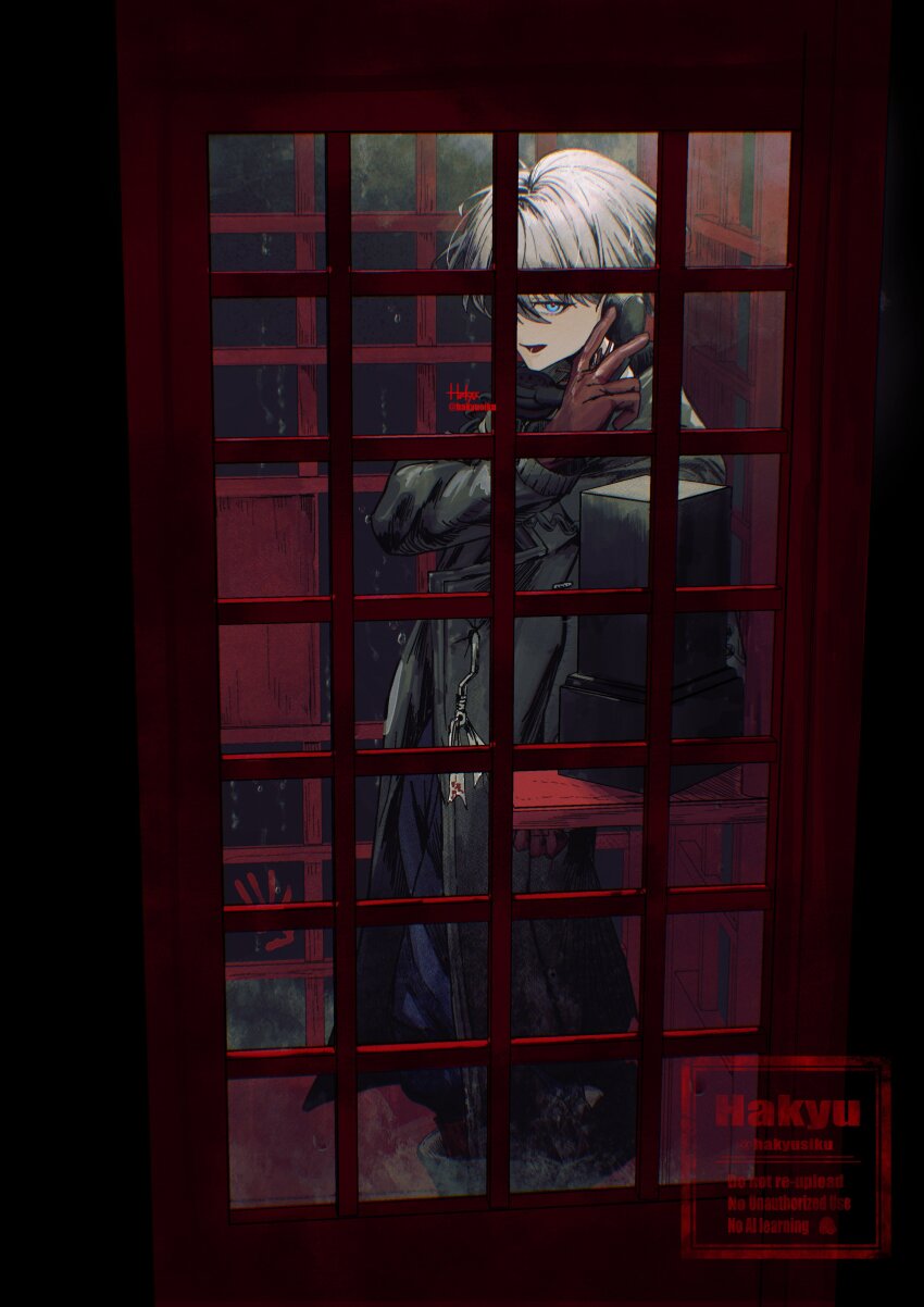 1boy absurdres black_coat blue_eyes blue_pants coat dark feet_out_of_frame from_outside gloves grey_hair hakyusiku hand_up headphones highres looking_at_viewer male_focus official_alternate_costume open_mouth pants payphone phone phone_booth red_gloves red_telephone_box_(british) reverse:1999 short_hair solo watermark x_(breathing_in_silence)_(reverse:1999) x_(reverse:1999)