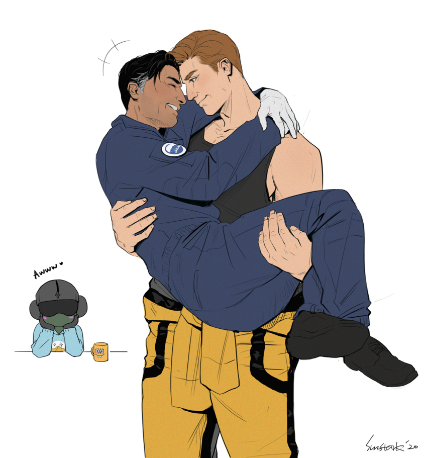 +++ 3boys arm_patch arms_around_neck assault_visor black_hair black_tank_top blonde_hair blue_jumpsuit blue_shirt blush_stickers carrying carrying_person commentary cup dark-skinned_male dark_skin doc_(rainbow_six_siege) duck_print elbows_on_table english_commentary english_text gloves grey_hair grin hands_on_own_face helmet highres jaeger_(rainbow_six_siege) jumpsuit jumpsuit_around_waist lion_(rainbow_six_siege) long_sleeves looking_at_another male_focus mug multiple_boys princess_carry rainbow_six_siege shirt shoes sideburns signature simple_background single_bare_shoulder smile sun_stark tank_top teeth touching_forehead white_background white_gloves yaoi yellow_jumpsuit