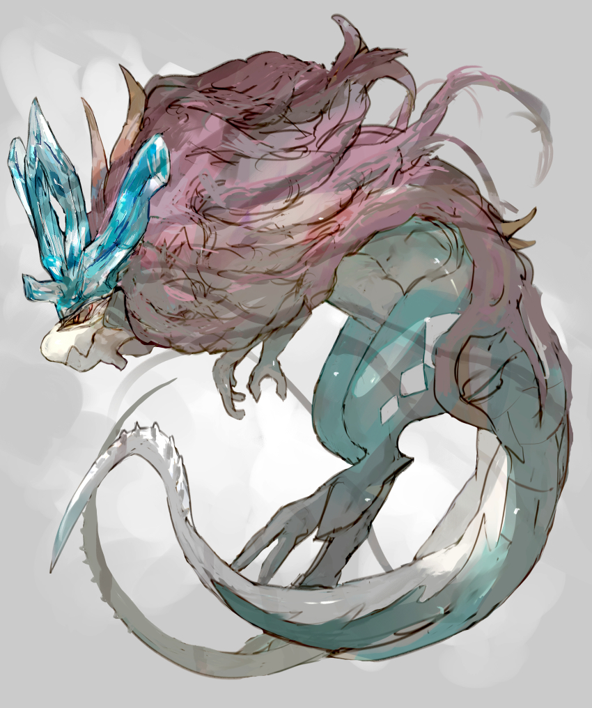 absurdres blue_skin colored_skin diamond_(shape) grey_background highres horns long_hair multiple_tails nintendo no_humans pokemon pokemon_(creature) purple_hair solo spiked_tail sukepmonster tail walking_wake