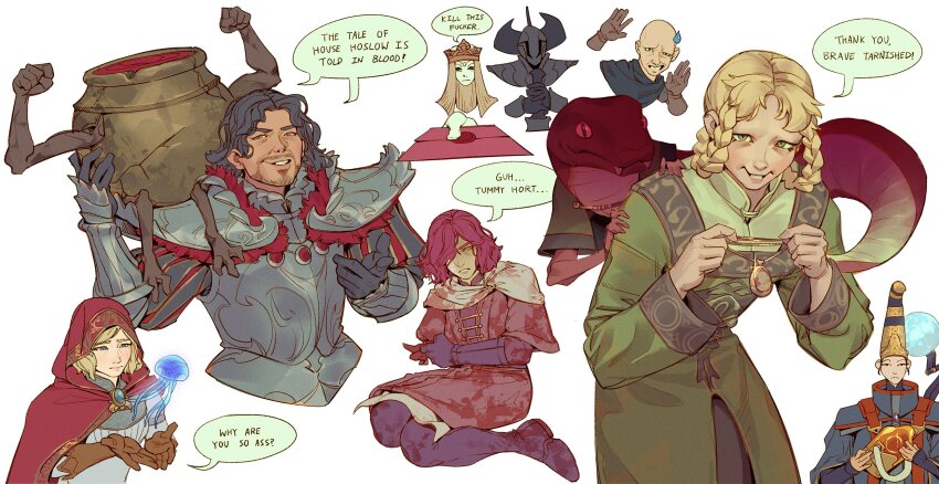2boys 2others 5girls armor bald black_hair blonde_hair breastplate character_request cloak crucible_knight diallos_(elden_ring) dress elden_ring english_text facial_hair green_dress green_eyes hair_over_one_eye hair_rings highres hood hooded_cloak ian_su jar_bairn lady_tanith_(elden_ring) living_jar_(elden_ring) lizard millicent_(elden_ring) multiple_boys multiple_girls multiple_others patches_(fromsoftware) pauldrons red_cloak red_hair red_hood rennala_queen_of_the_full_moon roderika_(elden_ring) rya_(elden_ring) shoulder_armor simple_background speech_bubble stubble sweatdrop tanith_(bridal)_(fire_emblem) white_background