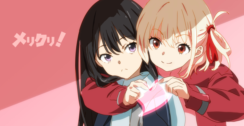 2girls blonde_hair closed_mouth commentary_request hair_between_eyes hair_ribbon highres inoue_takina long_hair looking_at_viewer lycoris_recoil multiple_girls nishikigi_chisato pink_background red_ribbon ribbon shirt short_hair smile translation_request two-tone_background washu_junkyu