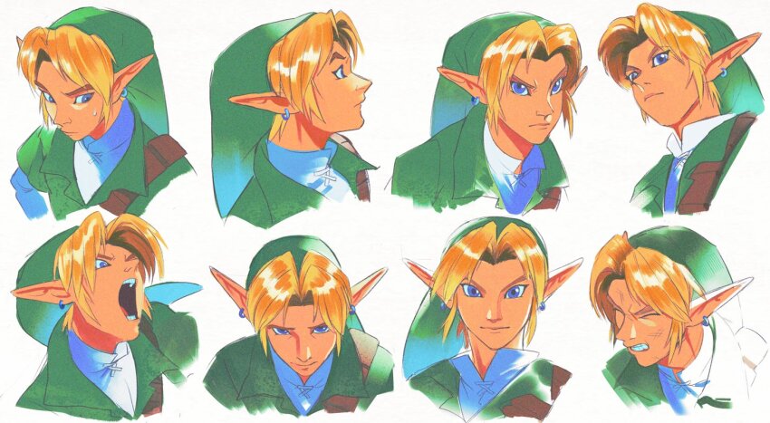1boy bad_tag belt blue_eyes brown_belt bruise bruise_on_face chest_belt clenched_teeth closed_eyes closed_mouth collared_shirt collared_tunic commentary cropped_shoulders crossover ear_piercing earrings english_commentary green_hat green_tunic hat injury jewelry layered_clothes link long_pointy_ears looking_at_viewer looking_to_the_side male_focus multiple_expressions multiple_views nintendo open_mouth piercing pointy_ears raised_eyebrow shirt sideways_glance simple_background single_earring soul_calibur soulcalibur soulcalibur_ii sweat sweatdrop teeth the_legend_of_zelda tunic uzucake white_background white_shirt