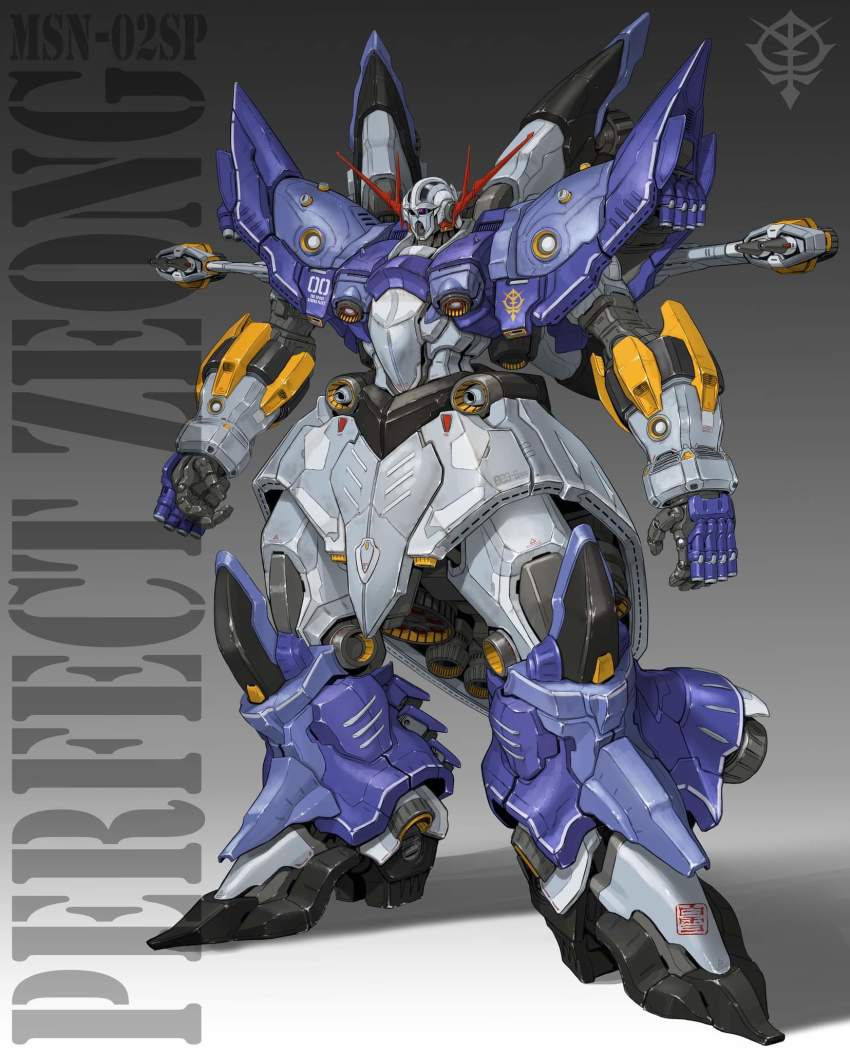 character_name full_body grey_background gundam gundam_msv highres maeda_hiroyuki mecha no_humans one-eyed perfect_zeong purple_eyes redesign robot science_fiction solo standing