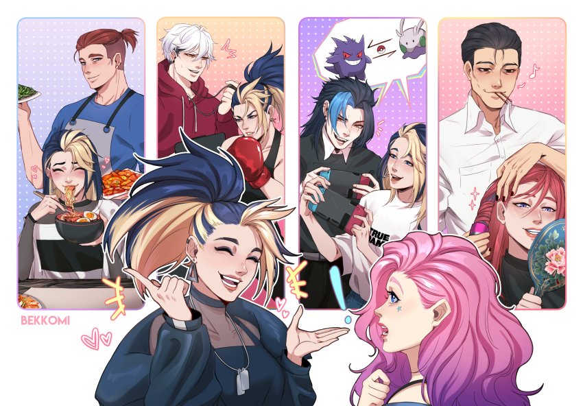 2girls 4boys absurdres akali bekkomi black_hair blonde_hair blue_hair blue_shirt blush boxing_gloves breasts character_request collarbone covered_collarbone earrings eating egg_(food) fangs food gen_1_pokemon gengar grin hair_ornament hairclip highres holding hood hood_down hoodie jewelry k/da_all_out_akali kayn_(league_of_legends) large_breasts league_of_legends long_hair multicolored_hair multiple_boys multiple_girls necklace nintendo noodles open_mouth pink_hair pokemon polka_dot polka_dot_background ponytail profile ramen red_hair red_hoodie seraphine_(league_of_legends) shen_(league_of_legends) shirt short_hair smile teeth two-tone_hair white_hair
