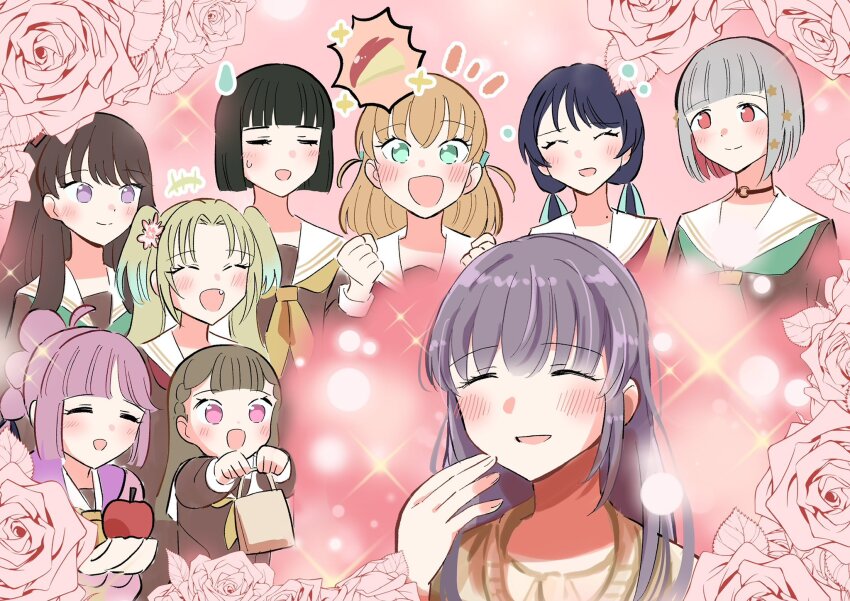 +++ 6+girls :d ^_^ anyoji_hime apple apple_rabbit aqua_neckerchief bag black_choker black_hair black_ribbon blonde_hair blue_hair blue_ribbon blunt_bangs blunt_ends blush bob_cut braid brown_cardigan brown_dress brown_hair cardigan center-flap_bangs choker clenched_hands closed_eyes closed_mouth comedic_sweatdrop commentary_request diagonal_bangs dress erako9 flower food food_art fruit fujishima_megumi gift_bag grey_hair hair_flower hair_ornament hair_ribbon hasu_no_sora_school_uniform highres hinoshita_kaho holding holding_bag holding_food holding_fruit inverted_bob kachimachi_kosuzu link!_like!_love_live! long_hair long_sleeves love_live! low_twintails momose_ginko multi-tied_hair multiple_girls murano_sayaka neckerchief o-ring o-ring_choker open_mouth orange_hair osawa_rurino otomune_kozue otomune_kozue_(winter_loungewear) pink_background pink_eyes pink_flower pink_hair ponytail purple_eyes rabbit_hair_ornament red_eyes red_hair red_neckerchief ribbon rose sailor_collar sailor_dress school_uniform side_braids smile split_mouth spoken_food star_(symbol) star_hair_ornament twintails two_side_up virtual_youtuber white_sailor_collar winter_uniform yellow_neckerchief yugiri_tsuzuri
