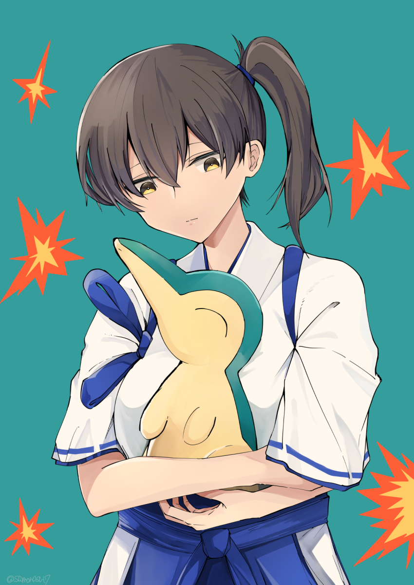 1girl black_hair blue_background blue_hakama breasts closed_eyes commentary_request crossover cyndaquil gen_2_pokemon hair_between_eyes hakama highres holding japanese_clothes kaga_(kancolle) kantai_collection large_breasts long_hair nintendo pokemon pokemon_(creature) ponytail samonasu17 side_ponytail simple_background tasuki upper_body yellow_eyes