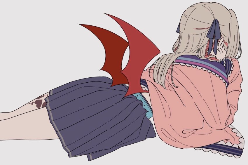 1girl belt blue_skirt brown_hair colored_inner_hair demon_wings from_side hair_ribbon hashtag-only_commentary highres jacket kamatama_rom leg_tattoo makaino_ririmu makaino_ririmu_(4th_costume) miniskirt multicolored_hair nijisanji pink_hair pink_jacket pleated_skirt ribbon school_uniform simple_background skirt solo streaked_hair tattoo two-tone_hair two_side_up virtual_youtuber white_background winged_heart_tattoo wings