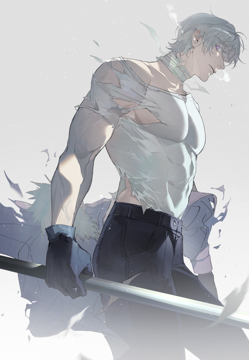 1boy absurdres axis_powers_hetalia bandaged_neck bandages breath cowboy_shot gloves grey_background highres holding jacket jacket_partially_removed large_pectorals llirensheng looking_at_viewer male_focus muscular muscular_male pants pectorals purple_eyes russia_(hetalia) shirt short_hair simple_background solo tight_clothes tight_shirt torn_clothes torn_shirt white_hair