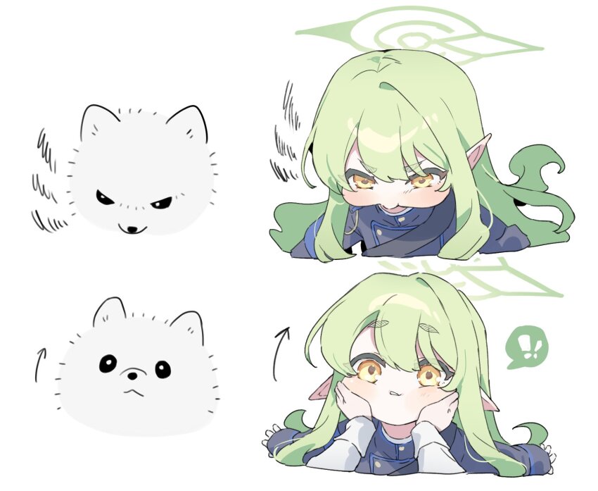 ! 1girl 1other angry arrow_(symbol) black_jacket blue_archive commentary dog fluffy_white_puppy_expressions_(meme) frown glaring green_hair green_halo halo hands_on_another&#039;s_cheeks hands_on_another&#039;s_face highres hikari_(blue_archive) jacket long_hair long_sleeves looking_at_viewer meme meunhongcha pointy_ears puffy_cheeks simple_background sleeves_past_wrists spoken_exclamation_mark squiggle white_background white_dog yellow_eyes yurie_mouth