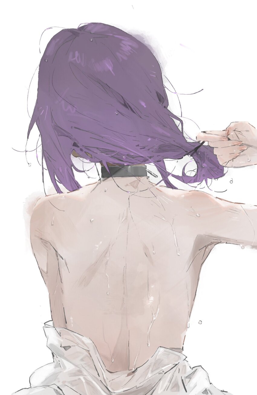 1girl black_choker chainsaw_man choker from_behind highres le_(szs0k) purple_hair reze_(chainsaw_man) simple_background solo sweat untying_hair white_background