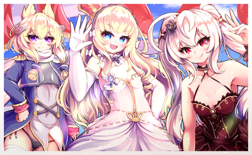 3girls alma_stella azur_lane black_panties blonde_hair blue_eyes breasts coat crown detached_collar dress elbow_gloves epaulettes evening_gown gloves gold_trim hair_ears hairband halterneck headgear highres lace-trimmed_hairband lace_trim layered_dress long_hair long_sleeves looking_at_viewer mini_crown multiple_girls official_alternate_costume open_mouth panties pantyshot purple_coat purple_eyes queen_elizabeth_(azur_lane) queen_elizabeth_(the_queen&#039;s_ball)_(azur_lane) red_dress red_eyes scarf sleeveless sleeveless_dress small_breasts strapless strapless_dress underwear valiant_(azur_lane) valiant_(queen_valiant_i)_(azur_lane) warspite_(azur_lane) white_dress white_gloves white_hair white_scarf