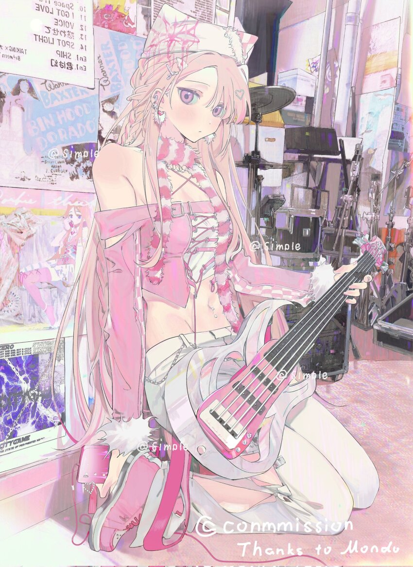 1girl 5-string_bass_guitar animal_ear_headwear animal_ears arm_cutout bag bare_shoulders bass_guitar beanie belt belt_buckle braid breasts buckle cable carpet cat_ears cellphone chain checkered_sleeves chinese_commentary cleavage closed_mouth clothing_cutout commentary_request commission commissioner_name corrupted_twitter_file crop_top drum earrings english_text expressionless fake_animal_ears fingernails full_body fur-trimmed_sleeves fur_scarf fur_trim guitar hair_ornament hairclip hat heart heart_earrings heart_hair_ornament highres holding holding_guitar holding_instrument holding_phone indoors instrument jacket jewelry kneeling leg_cutout light_blush light_frown long_hair long_sleeves medium_breasts navel navel_piercing off-shoulder_jacket off_shoulder original pants phone piercing pillar pink_belt pink_eyes pink_hair pink_jacket pink_scarf pink_shoes pom_pom_(clothes) pom_pom_earrings poster_(object) sample_watermark scarf shirt shoes shoulder_bag single_braid smartphone sneakers solo straight_hair striped_clothes striped_scarf thigh_cutout twitter_username unimless very_long_hair watermark white_belt white_hat white_pants white_shirt