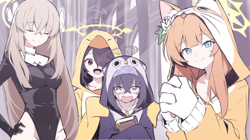 4girls absurdres animal_ears animal_hands bags_under_eyes black_hair black_leotard black_pajamas blue_archive blue_eyes cat_ears cat_paws closed_eyes closed_mouth covered_navel flower gloves groin hair_flower hair_ornament hair_over_one_eye halo highres hinata_(blue_archive) leotard light_brown_hair long_hair looking_at_viewer mari_(blue_archive) mmhomm multiple_girls open_mouth orange_hair pajamas paw_gloves purple_eyes red_eyes sakurako_(blue_archive) sisterhood_(blue_archive) smile ui_(blue_archive) white_flower white_gloves yellow_halo yellow_pajamas