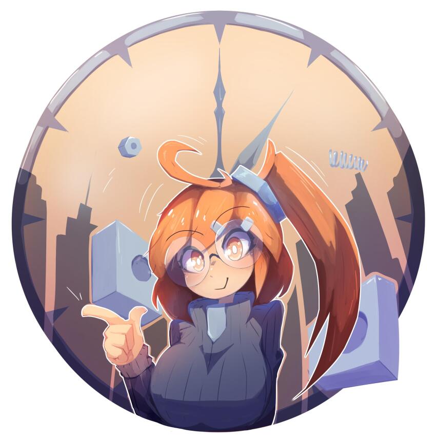 1girl :&gt; ahoge analog_clock breasts building clock closed_mouth commentary english_commentary eyelashes glasses hair_ornament hairclip highres large_breasts lisa_(tflame) long_hair long_sleeves nut_(hardware) orange_eyes orange_hair original outline portrait round_eyewear side_ponytail smile solo spring_(object) sweater tflame tower turtleneck turtleneck_sweater white_background white_outline
