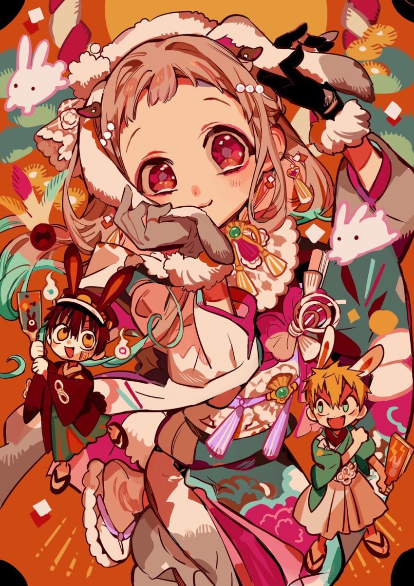 1girl 2023 2boys :d animal_ears black_gloves blue_eyes blush brown_hair chinese_zodiac commentary_request earrings fang gloves hair_ornament hanako_(jibaku_shounen_hanako-kun) hanoyuta heart heart_earrings highres japanese_clothes jewelry jibaku_shounen_hanako-kun kimono long_hair looking_at_viewer minamoto_kou multicolored_background multiple_boys new_year official_art open_mouth print_kimono rabbit rabbit_ears ribbon short_bangs short_hair smile wrist_cuffs yashiro_nene year_of_the_rabbit