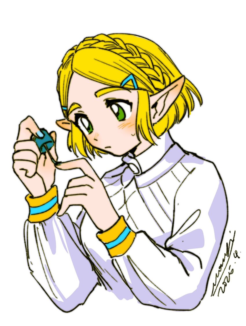 1girl aqua_nails artist_name blonde_hair blush braid breasts crown_braid dated green_eyes hair_ornament hairclip highres long_sleeves medium_breasts mouyi nail_polish nail_polish_brush nintendo parted_bangs pointy_ears princess_zelda shirt short_hair sidelocks solo sweatdrop the_legend_of_zelda the_legend_of_zelda:_breath_of_the_wild upper_body white_background white_shirt