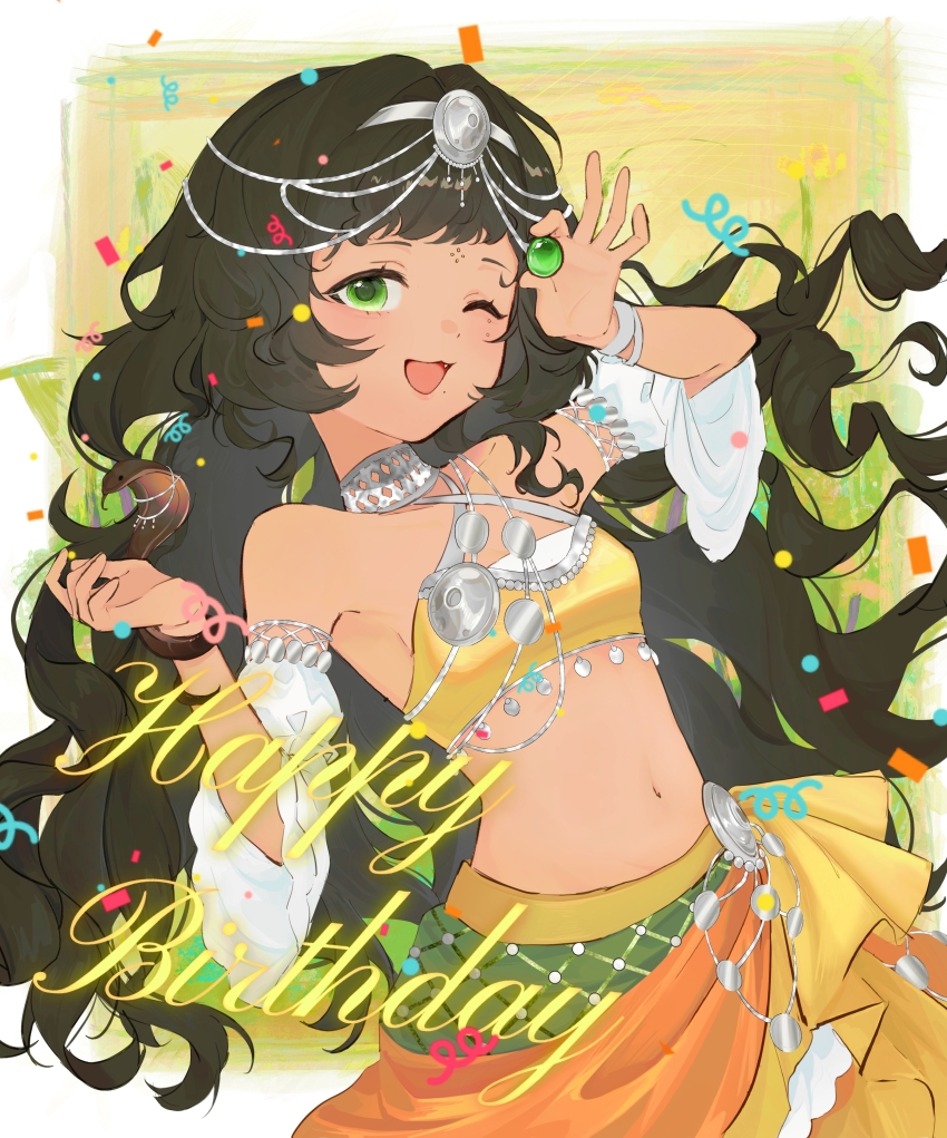 1girl ;d absurdres artist_request bare_shoulders black_hair border commission confetti cropped_shirt detached_sleeves facial_mark forehead_mark green_eyes hair_ornament halter_shirt halterneck hand_up hands_up happy_birthday highres holding holding_jewelry jewelry kanjira long_hair looking_at_viewer navel one_eye_closed open_mouth outside_border reverse:1999 second-party_source shirt skirt sleeveless sleeveless_shirt smile solo stomach upper_body wavy_hair white_border white_sleeves yellow_background yellow_shirt yellow_skirt