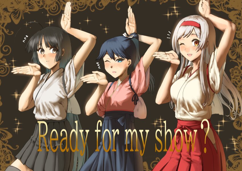 3girls ado_(utaite) black_hair black_skirt black_thighhighs blue_eyes brown_eyes commentary_request dancing hairband hakama hakama_skirt highres hip_vent houshou_(kancolle) japanese_clothes kantai_collection kimono mrdotd multiple_girls one_eye_closed pink_kimono pleated_skirt ponytail red_hairband shouhou_(kancolle) shoukaku_(kancolle) show_(ado) skirt sparkle tasuki thighhighs white_hair white_kimono