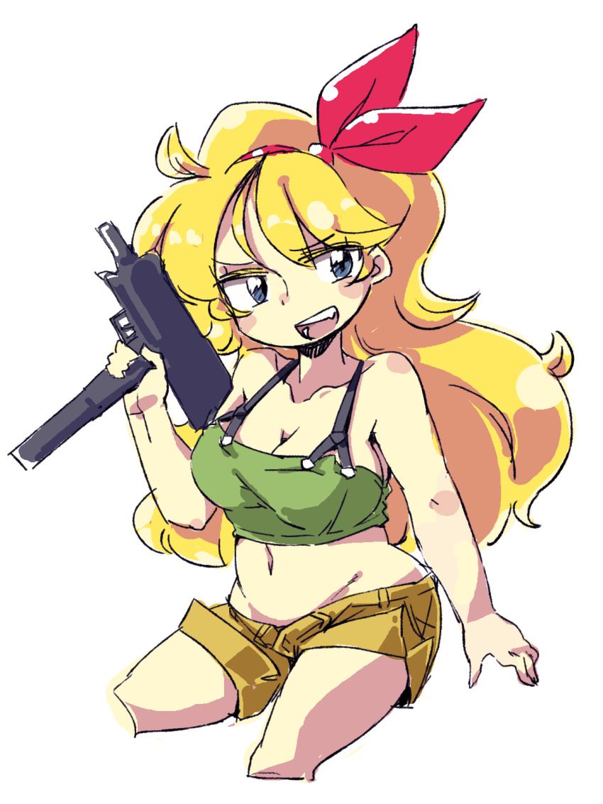 1girl :d bare_arms bare_shoulders blonde_hair blue_eyes breasts cleavage collarbone croixsan crop_top cropped_legs dragon_ball dragon_ball_(classic) green_tank_top groin gun hairband hand_up highres holding holding_gun holding_weapon large_breasts long_hair lunch_(bad)_(dragon_ball) lunch_(dragon_ball) navel open_mouth red_hairband shorts simple_background smile solo submachine_gun tank_top teeth uzi weapon white_background yellow_shorts
