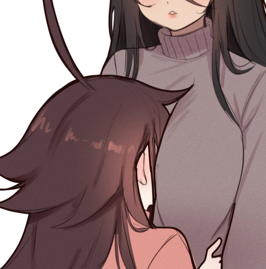 2girls absurdres ahoge between_breasts black_hair breasts brown_hair commentary english_commentary eyes_out_of_frame face_between_breasts grey_sweater hands_on_another&#039;s_chest head_between_breasts head_out_of_frame highres indie_virtual_youtuber long_hair multiple_girls original parted_lips sky_above_me sky_above_me_(vtuber) sweater very_long_hair virtual_youtuber white_background