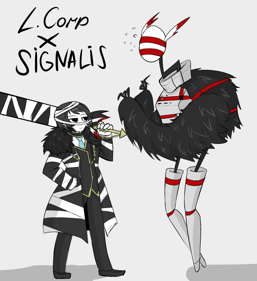 android armor bandages black_coat black_footwear black_hair black_jacket black_pants blue_necktie coat cosplay costume_switch crossover digitigrade e.g.o_(project_moon) el_elluci english_text feathers flying_sweatdrops formal_clothes fur_collar highres holding holding_sword holding_weapon jacket judgement_bird justitia_(e.g.o) lobotomy_corporation necktie pants project_moon shirt shoes short_hair signalis simple_background storch_(signalis) suit suit_jacket sword weapon white_background white_shirt