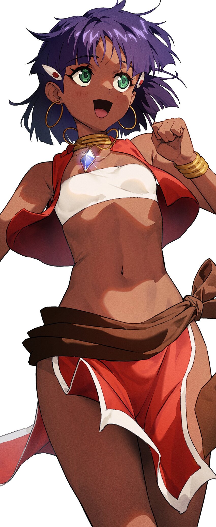 1girl :d absurdres bandeau bare_shoulders bracelet chyko commentary dark-skinned_female dark_skin earrings from_below fushigi_no_umi_no_nadia green_eyes highres hoop_earrings jewelry loincloth midriff nadia_la_arwall navel neck_ring necklace open_mouth pelvic_curtain purple_hair red_vest short_hair smile solo stomach thighs vest white_background white_bandeau