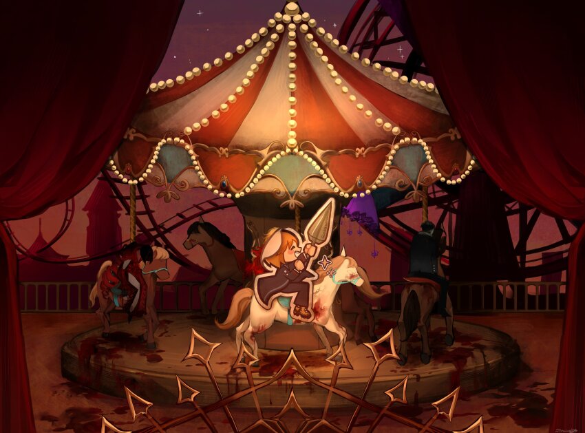 absurdres black_coat black_pants blonde_hair blood boots carousel coat commentary crown curiambro_(project_moon) curtains don_quixote_(project_moon) dress drill_hair dual_persona english_commentary evening feather_boa ferris_wheel highres holding holding_umbrella horse lace limbus_company nicolina_(project_moon) pants parasol project_moon red_dress saddle sancho_(project_moon) shi0n1113 short_hair star_(sky) sticker umbrella