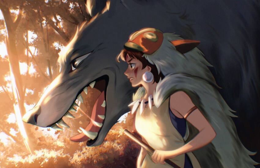 1boy 1girl armlet breasts brown_eyes brown_hair cape chromatic_aberration commentary earrings english_commentary facepaint facial_mark forest from_side fur_cape jewelry medium_breasts mononoke_hime moro_(mononoke_hime) nature necklace panprika11 pelt san_(mononoke_hime) tooth_necklace white_wolf wolf