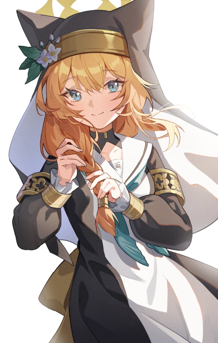 1girl animal_ear_fluff animal_ear_headwear blonde_hair blue_archive blue_eyes blush breasts coif fake_animal_ears flower flower_hat hair_flower hair_ornament halo highres hoshiko_(419401x) looking_at_viewer mari_(blue_archive) nun simple_background small_breasts solo standing white_background white_flower yellow_halo