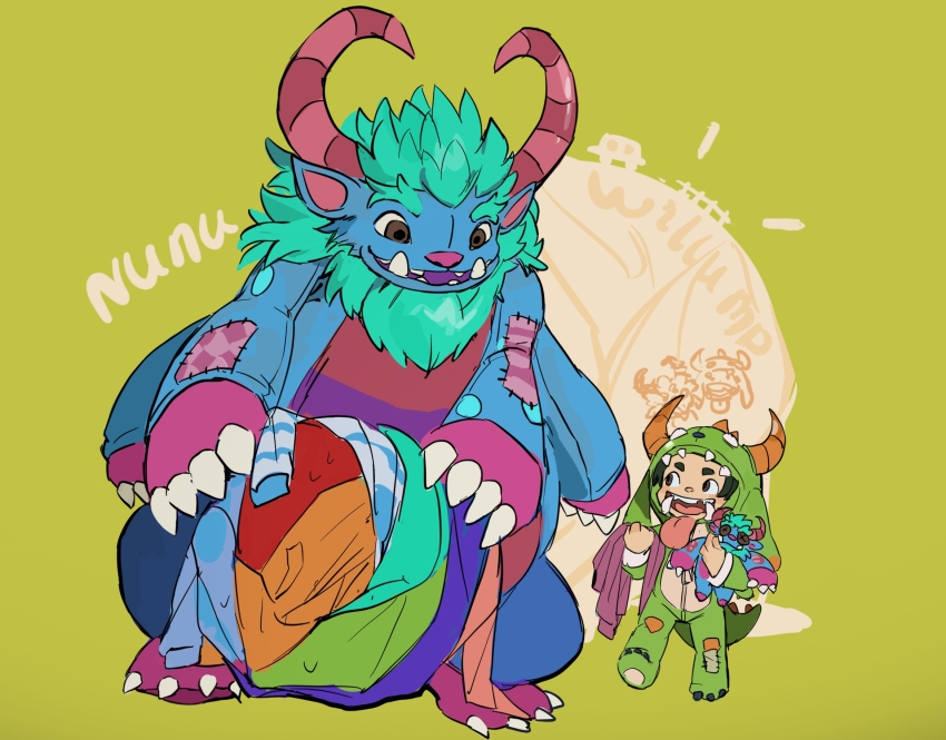 1boy brown_eyes brown_hair character_doll character_name doll full_body ghostgrass green_hair grungy_nunu grungy_willump highres holding holding_doll horns league_of_legends long_sleeves looking_at_another looking_at_viewer nunu_(league_of_legends) open_mouth orange_background pajamas size_difference standing teeth tongue upper_teeth_only white_background willump yeti_(creature)