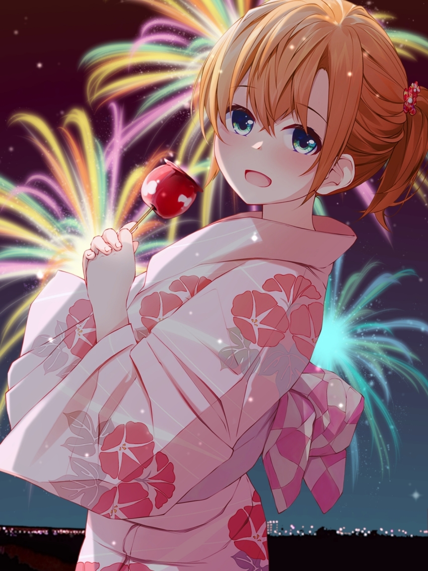 1girl :d aerial_fireworks alternate_costume alternate_hairstyle back_bow backlighting blush bow candy_apple chuutaro_metal commentary crossed_bangs festival fireworks floral_print floral_print_kimono food from_side green_eyes hair_between_eyes hands_up happy highres higurashi_no_naku_koro_ni holding_candy_apple interlocked_fingers japanese_clothes kimono leaf_print long_sleeves looking_at_viewer night open_mouth orange_hair outdoors own_hands_together pink_kimono ponytail print_kimono ryuuguu_rena short_hair sidelocks smile solo upper_body wide_sleeves yukata