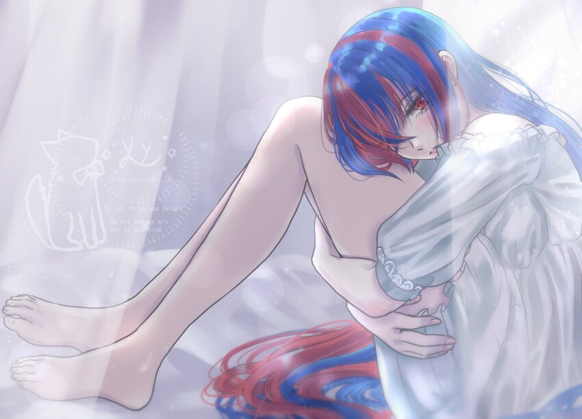 1girl bare_legs blue_hair breasts crossed_bangs female_alear_(fire_emblem) fire_emblem fire_emblem_engage highres long_hair looking_at_viewer medium_breasts multicolored_hair nekoyashiki_08 nintendo red_eyes red_hair split-color_hair two-tone_hair very_long_hair