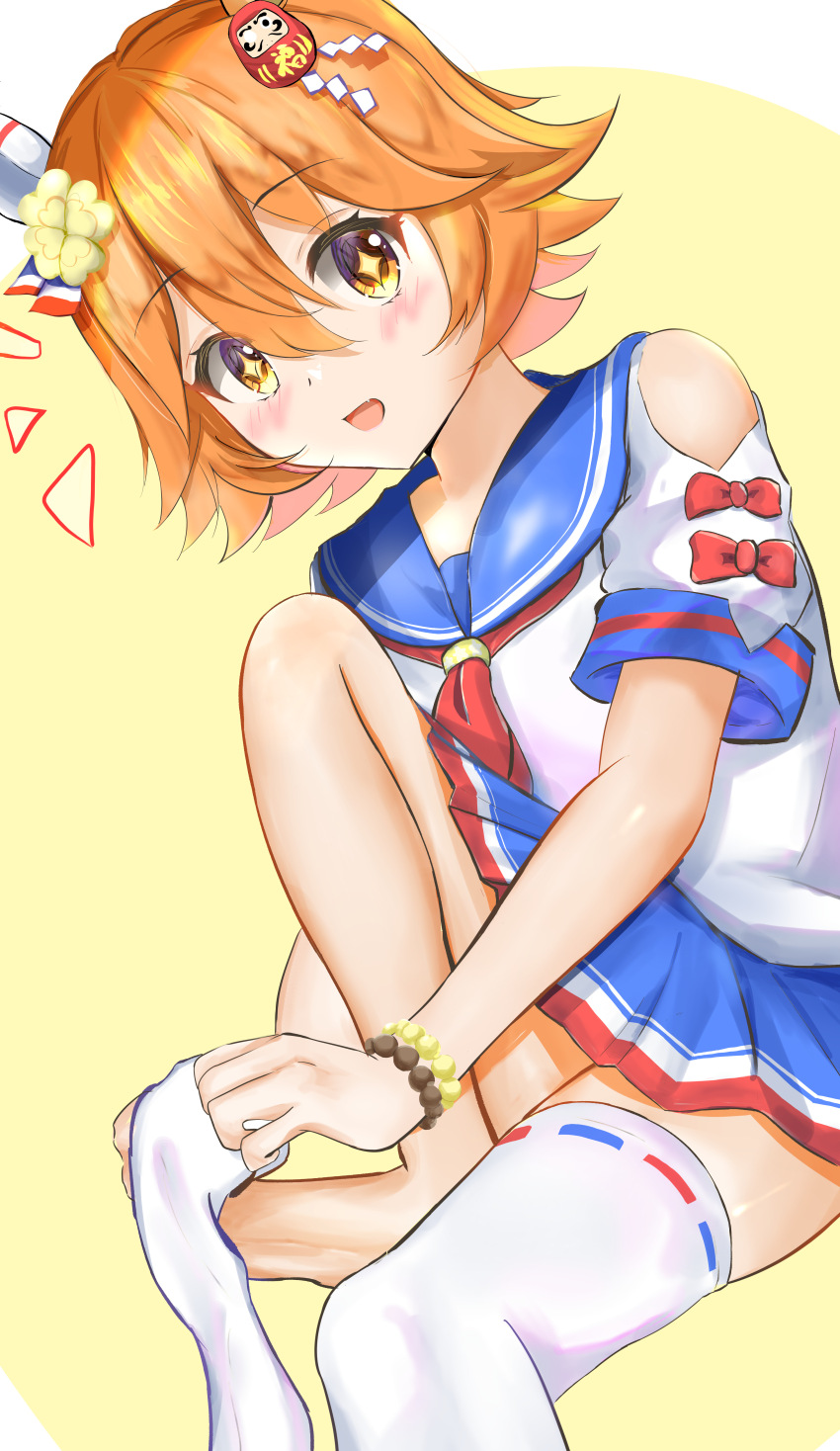 +_+ 1girl absurdres animal_ears aramocyaillust bare_shoulders barefoot bike_shorts bike_shorts_under_skirt blue_skirt blush collarbone commentary_request dressing ear_covers ema feet flipped_hair hair_between_eyes highres horse_ears horse_girl horse_tail jewelry looking_at_viewer matikanefukukitaru_(umamusume) notice_lines open_mouth orange_hair pleated_skirt school_uniform serafuku shirt single_ear_cover skirt smile solo sweat tail thighhighs umamusume white_shirt white_thighhighs yellow_background yellow_eyes