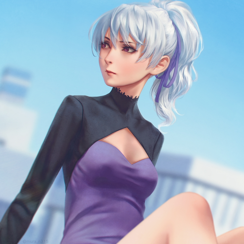 1girl blue_sky blurry blurry_background breasts brown_eyes cleavage commentary darker_than_black day english_commentary hair_ribbon highres long_sleeves miura-n315 outdoors ponytail purple_ribbon realistic ribbon sitting sky small_breasts solo white_hair yin_(darker_than_black)