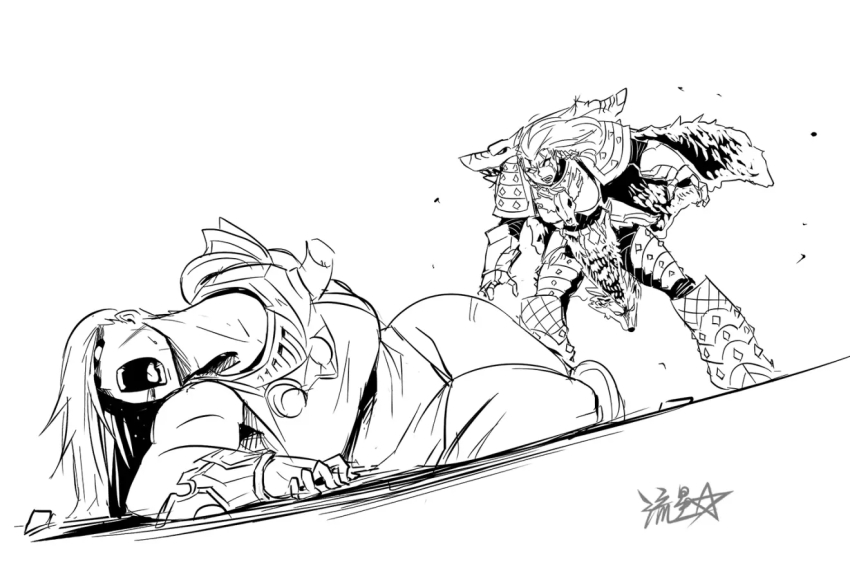 2girls adeptus_astartes armor blood blood_from_mouth blood_on_face boobplate breastplate breasts broken_horn cape commentary english_commentary fangs full_armor fur_cape fur_trim gauntlets genderswap genderswap_(mtf) greaves greyscale hair_pulled_back horns large_breasts leman_russ long_hair lying magnus_the_red monochrome multiple_girls muscular muscular_female on_side open_mouth pain pauldrons pelvic_curtain power_armor primarch ryuusei_(mark_ii) screaming shoulder_armor skull space_wolves spiked_armor standing thick_thighs thighs thousand_sons warhammer_40k wide_hips