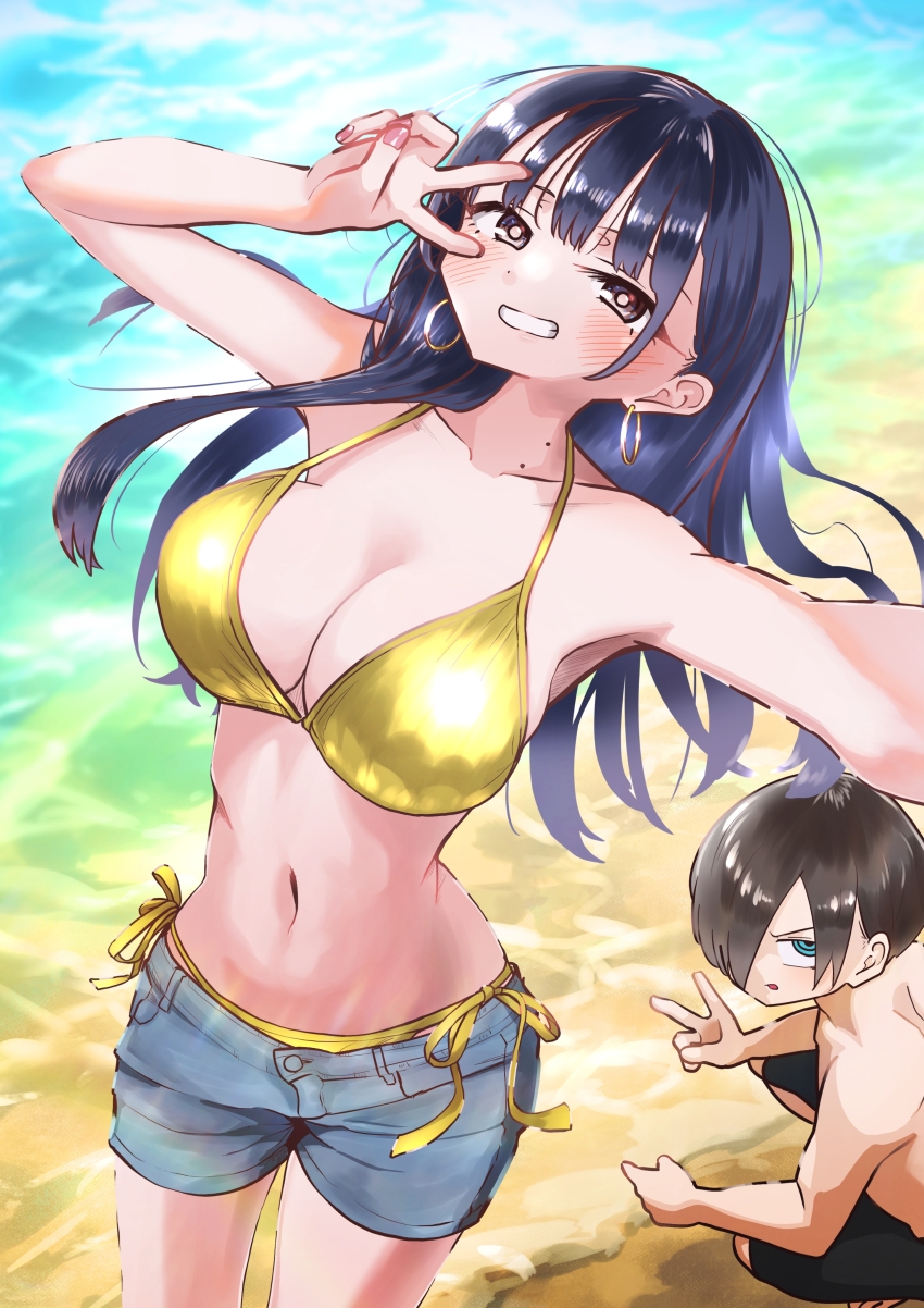 1boy 1girl absurdres alternate_costume beach bikini bikini_under_shorts black_hair blue_eyes blush boku_no_kokoro_no_yabai_yatsu breasts brown_eyes cleavage collarbone commentary_request day denim denim_shorts earrings gold_bikini grin hair_over_one_eye hands_up highres hoop_earrings ichikawa_kyoutarou jewelry large_breasts long_hair m2bou male_swimwear mole mole_on_neck multiple_moles navel outdoors paid_reward_available ringed_eyes sand selfie shirt shore short_hair short_shorts shorts side-tie_bikini_bottom smile squatting standing string_bikini swimsuit v v_over_eye variant_set water yamada_anna